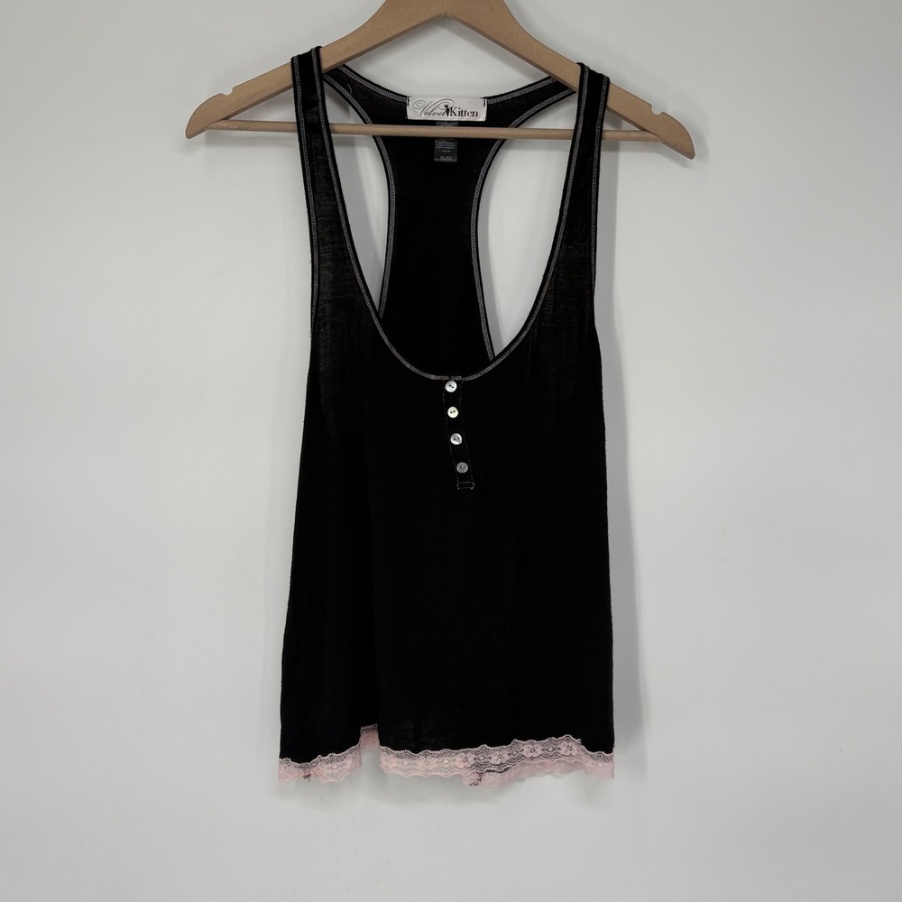 Velvet Kitten Black Pink Lace Trim Racerback Henley Tank‎ Top XL Grunge Y2K